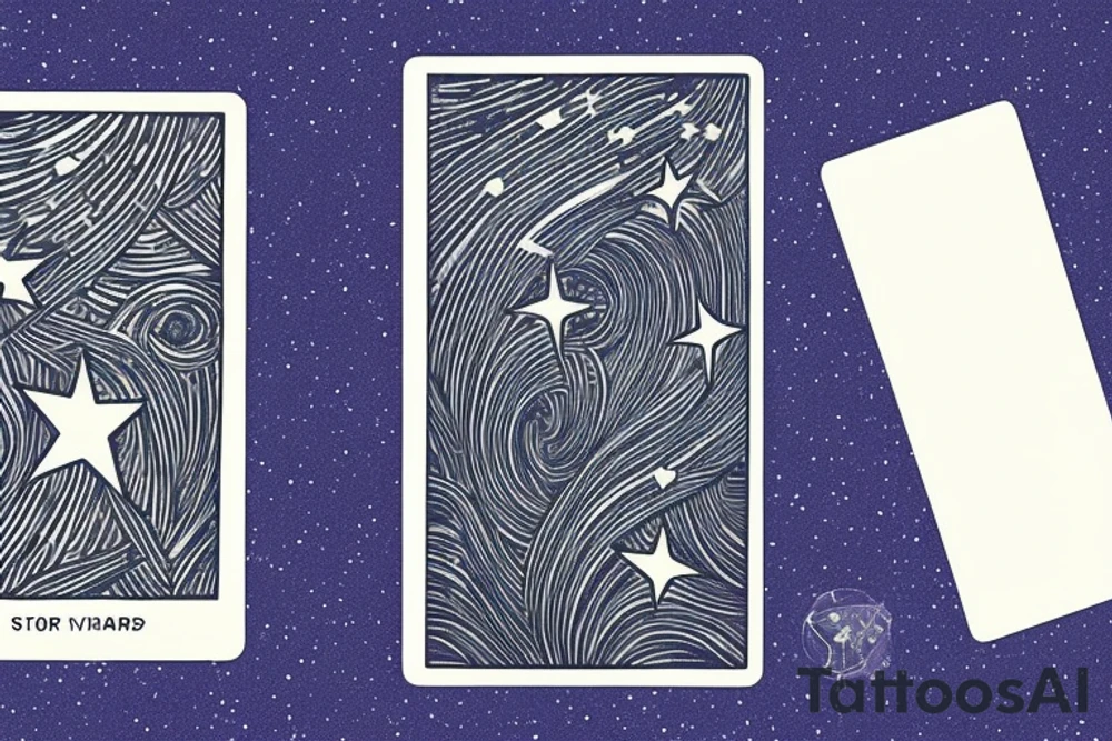 The Star tarot card and on the card is a starry sky background with wayer running along the edges of the card. Monstera leaves along the bottom edge. There is a faceless woman catching water into a vase. All enclosed in the card with a border and XVII in the border. tattoo idea