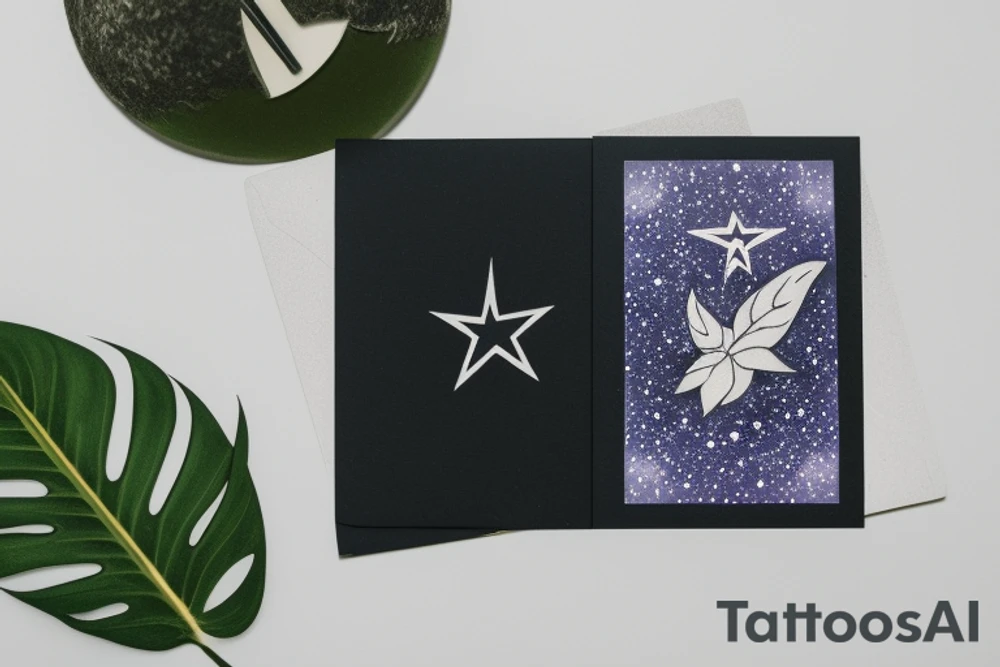 The Star tarot card and on the card is a starry sky background with wayer running along the edges of the card. Monstera leaves along the bottom edge. There is a faceless woman catching water into a vase. All enclosed in the card with a border and XVII in the border. tattoo idea