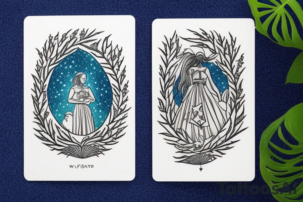 The Star tarot card and on the card is a starry sky background with wayer running along the edges of the card. Monstera leaves along the bottom edge. There is a faceless woman catching water into a vase. All enclosed in the card with a border and XVII in the border. tattoo idea