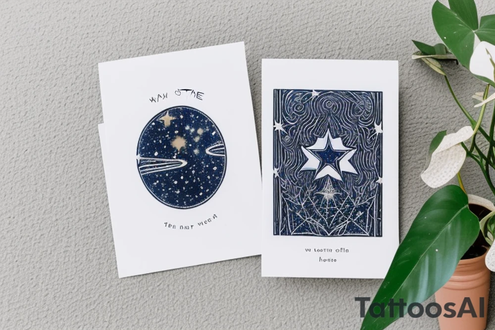The Star tarot card and on the card is a starry sky background with wayer running along the edges of the card. Monstera leaves along the bottom edge. There is a faceless woman catching water into a vase. All enclosed in the card with a border and XVII in the border. tattoo idea