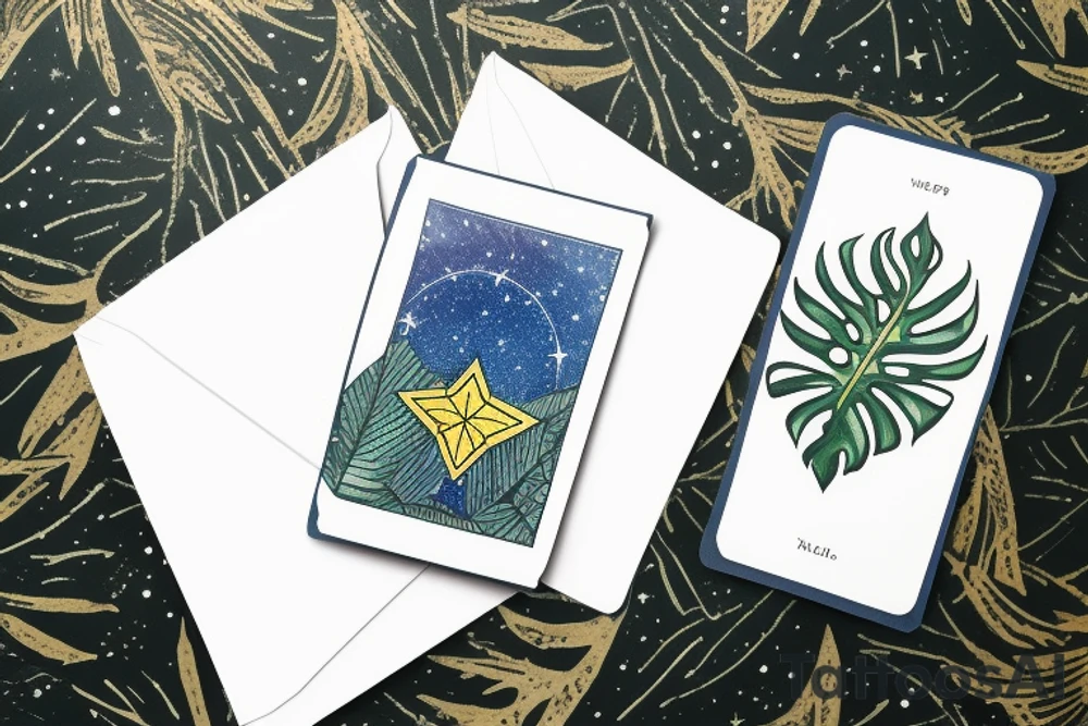 The Star tarot card and on the card is a starry sky background with wayer running along the edges of the card. Monstera leaves along the bottom edge. There is a faceless woman catching water into a vase. All enclosed in the card with a border and XVII in the border. tattoo idea