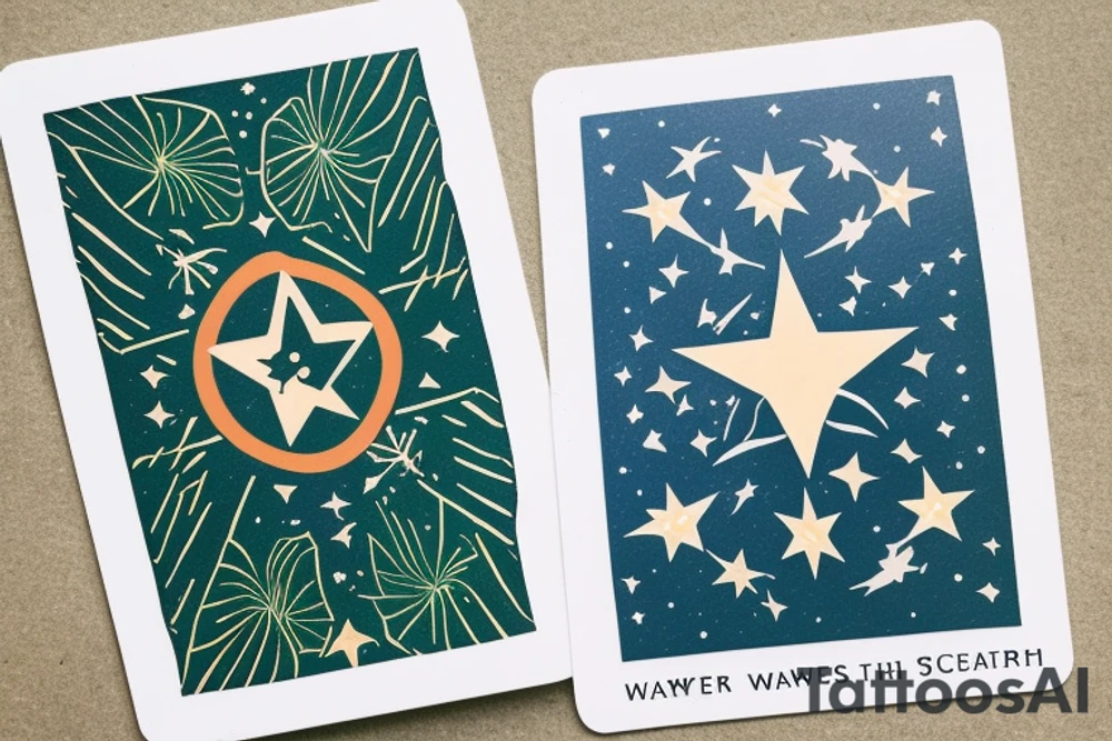 The Star tarot card and on the card is a starry sky background with wayer running along the edges of the card. Monstera leaves along the bottom edge. There is a faceless woman catching water into a vase. All enclosed in the card with a border and XVII in the border. tattoo idea