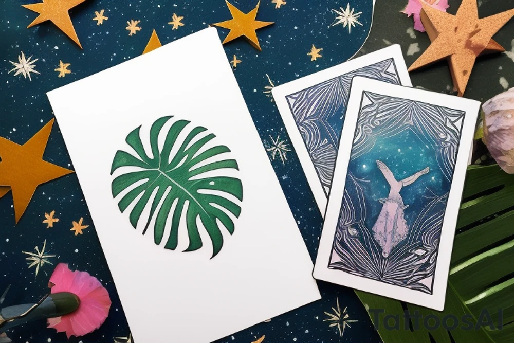 The Star tarot card and on the card is a starry sky background with wayer running along the edges of the card. Monstera leaves along the bottom edge. There is a faceless woman catching water into a vase. All enclosed in the card with a border and XVII in the border. tattoo idea