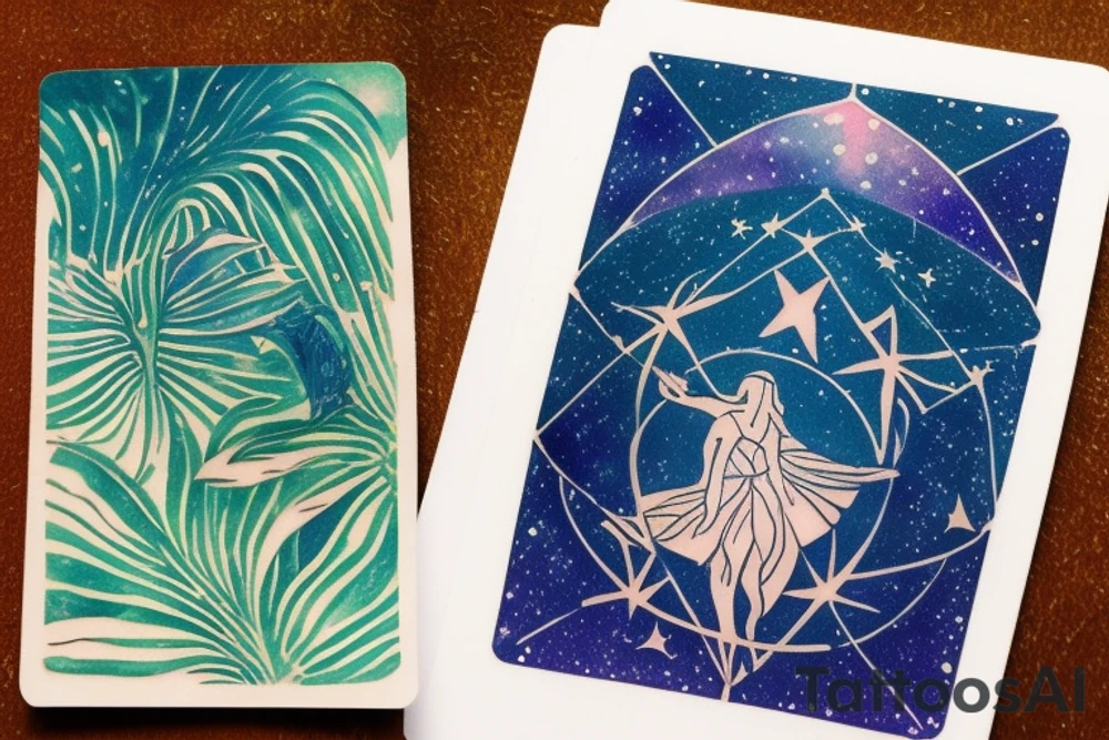The Star tarot card and on the card is a starry sky background with wayer running along the edges of the card. Monstera leaves along the bottom edge. There is a faceless woman catching water into a vase. All enclosed in the card with a border and XVII in the border. tattoo idea