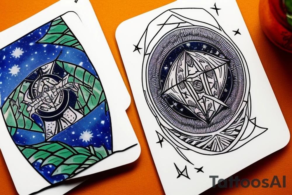 The Star tarot card and on the card is a starry sky background with wayer running along the edges of the card. Monstera leaves along the bottom edge. There is a faceless woman catching water into a vase. All enclosed in the card with a border and XVII in the border. tattoo idea