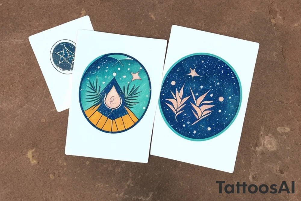 The Star tarot card and on the card is a starry sky background with wayer running along the edges of the card. Monstera leaves along the bottom edge. There is a faceless woman catching water into a vase. All enclosed in the card with a border and XVII in the border. tattoo idea