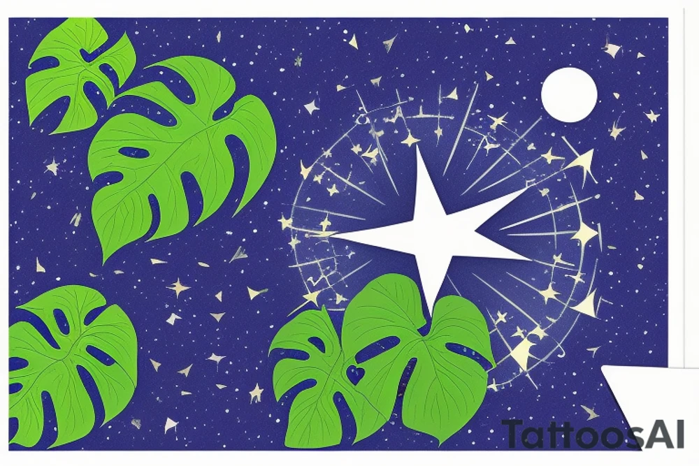 The Star tarot card and on the card is a starry sky background with wayer running along the edges of the card. Monstera leaves along the bottom edge. There is a faceless woman catching water into a vase. All enclosed in the card with a border and XVII in the border. tattoo idea