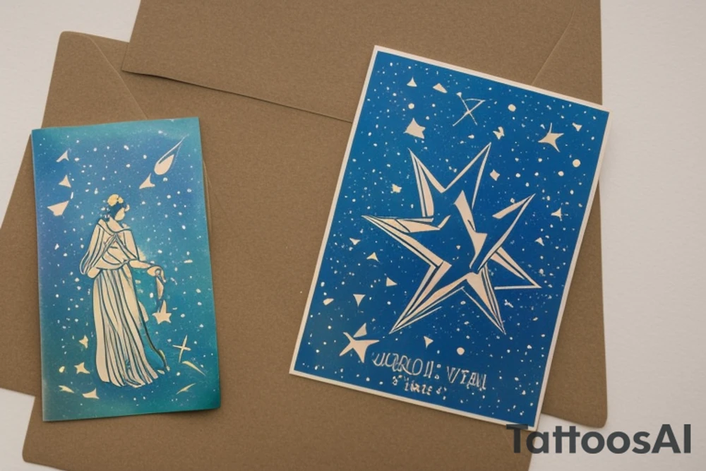 The Star tarot card and on the card is a starry sky background with wayer running along the edges of the card. Monstera leaves along the bottom edge. There is a faceless woman catching water into a vase. All enclosed in the card with a border and XVII in the border. tattoo idea