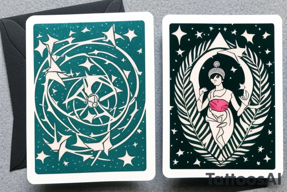 The Star tarot card and on the card is a starry sky background with wayer running along the edges of the card. Monstera leaves along the bottom edge. There is a faceless woman catching water into a vase. All enclosed in the card with a border and XVII in the border. tattoo idea