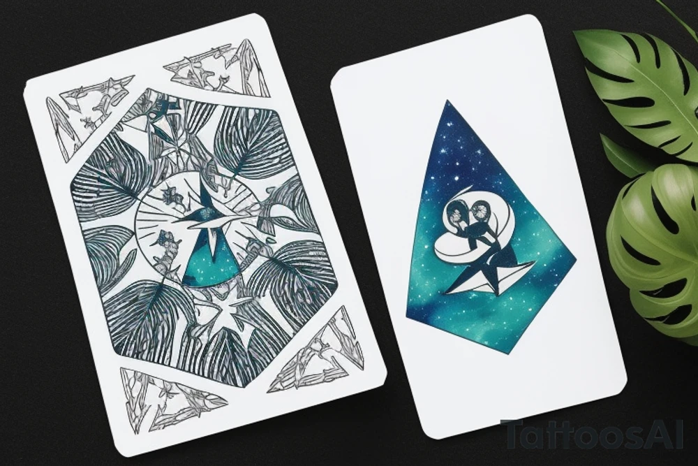 The Star tarot card and on the card is a starry sky background with wayer running along the edges of the card. Monstera leaves along the bottom edge. There is a faceless woman catching water into a vase. All enclosed in the card with a border and XVII in the border. tattoo idea