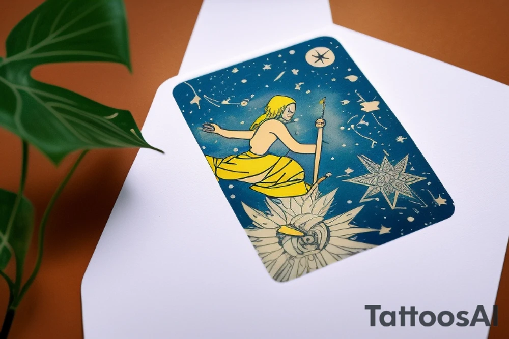 The Star tarot card and on the card is a starry sky background with wayer running along the edges of the card. Monstera leaves along the bottom edge. There is a faceless woman catching water into a vase. All enclosed in the card with a border and XVII in the border. tattoo idea