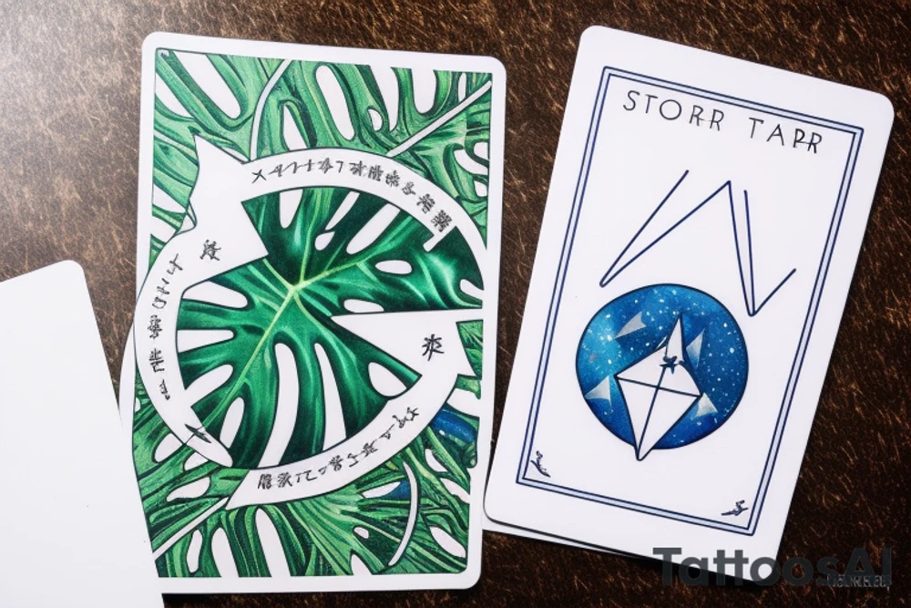 The Star tarot card and on the card is a starry sky background with wayer running along the edges of the card. Monstera leaves along the bottom edge. There is a faceless woman catching water into a vase. All enclosed in the card with a border and XVII in the border. tattoo idea