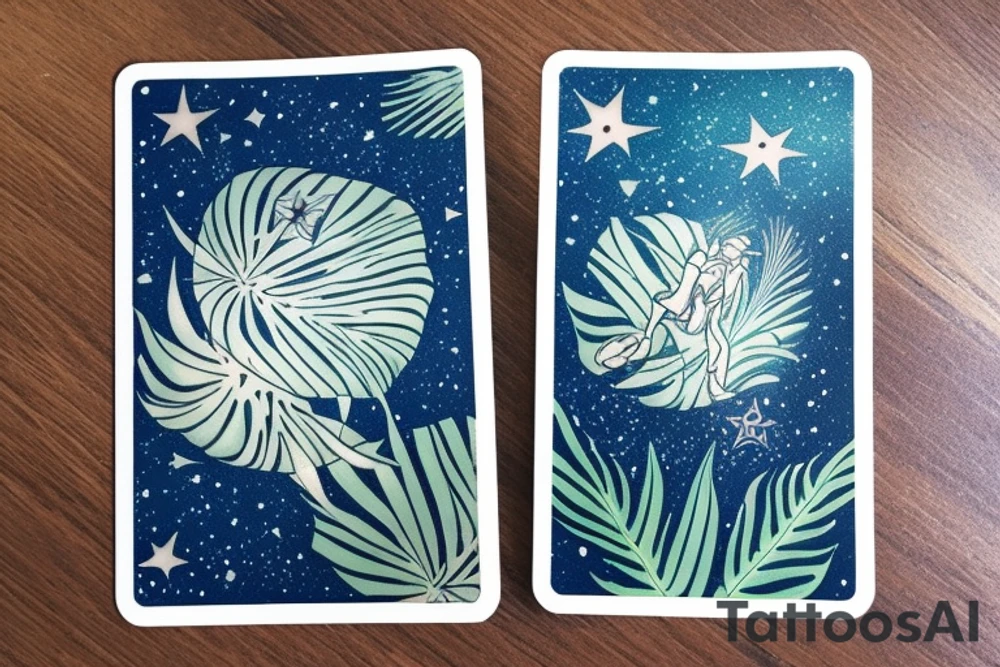 The Star tarot card and on the card is a starry sky background with wayer running along the edges of the card. Monstera leaves along the bottom edge. There is a faceless woman catching water into a vase. All enclosed in the card with a border and XVII in the border. tattoo idea
