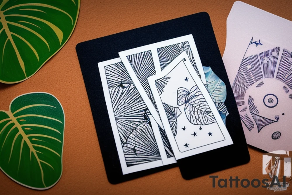 The Star tarot card and on the card is a starry sky background with wayer running along the edges of the card. Monstera leaves along the bottom edge. There is a faceless woman catching water into a vase. All enclosed in the card with a border and XVII in the border. tattoo idea