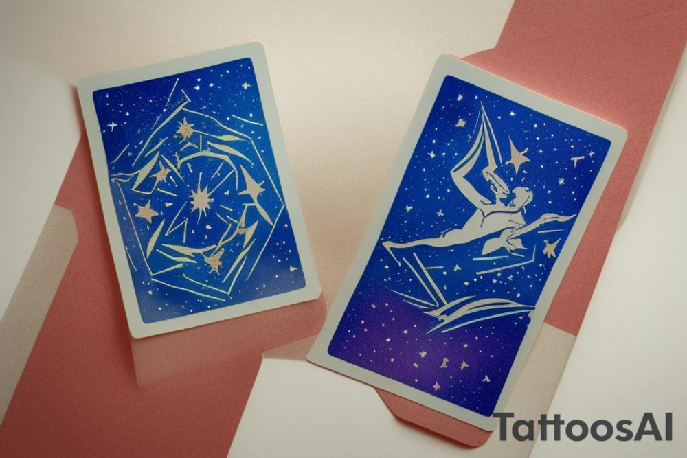 The Star tarot card and on the card is a starry sky background with wayer running along the edges of the card. Monstera leaves along the bottom edge. There is a faceless woman catching water into a vase. All enclosed in the card with a border and XVII in the border. tattoo idea