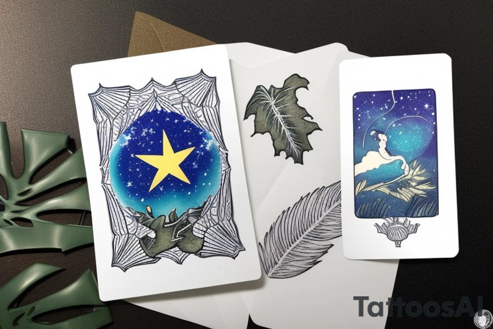 The Star tarot card and on the card is a starry sky background with wayer running along the edges of the card. Monstera leaves along the bottom edge. There is a faceless woman catching water into a vase. All enclosed in the card with a border and XVII in the border. tattoo idea