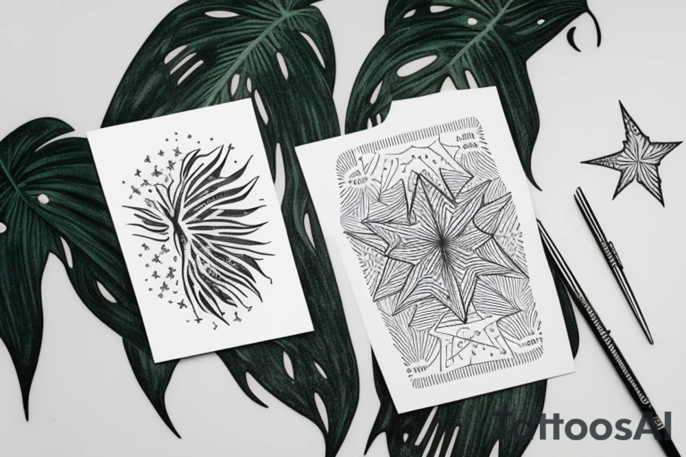 The star tarot card with water line along the edge and a starry background. Monstera deliciosa leaves in the bottom half of the card. XVII in the border. tattoo idea