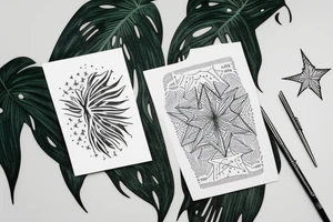 The star tarot card with water line along the edge and a starry background. Monstera deliciosa leaves in the bottom half of the card. XVII in the border. tattoo idea