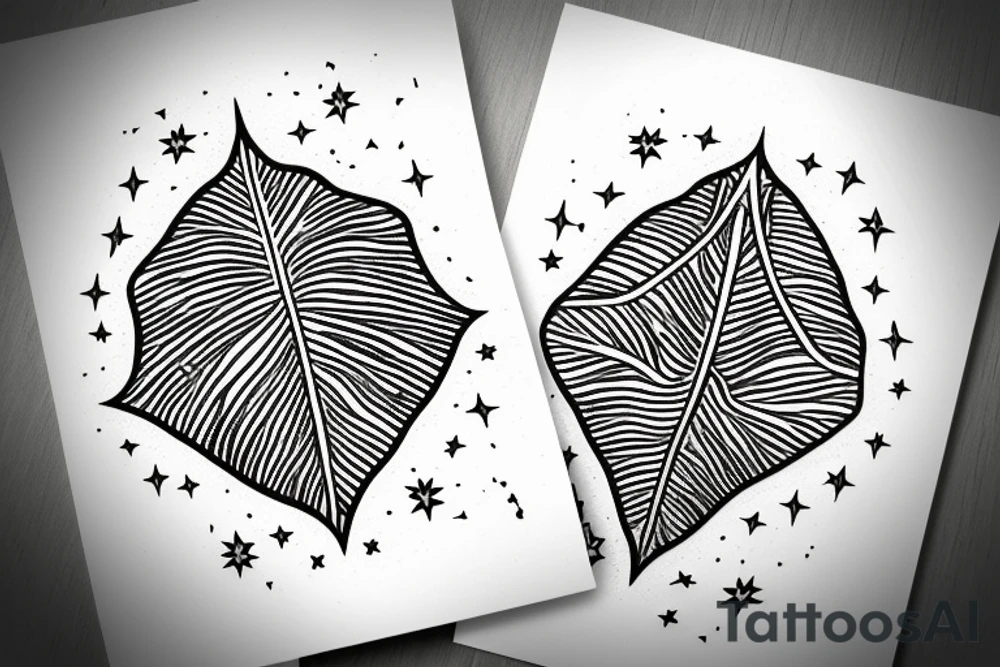 The star tarot card with water line along the edge and a starry background. Monstera deliciosa leaves in the bottom half of the card. XVII in the border. tattoo idea