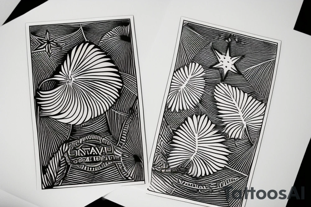 The star tarot card with water line along the edge and a starry background. Monstera deliciosa leaves in the bottom half of the card. XVII in the border. tattoo idea