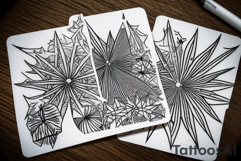 The star tarot card with water line along the edge and a starry background. Monstera deliciosa leaves in the bottom half of the card. XVII in the border. tattoo idea