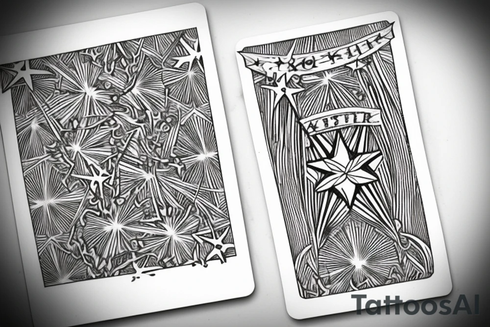 The star tarot card with water line along the edge and a starry background. Monstera deliciosa leaves in the bottom half of the card. XVII in the border. tattoo idea
