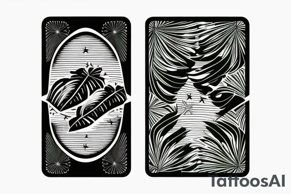 The star tarot card with water line along the edge and a starry background. Monstera deliciosa leaves in the bottom half of the card. XVII in the border. tattoo idea