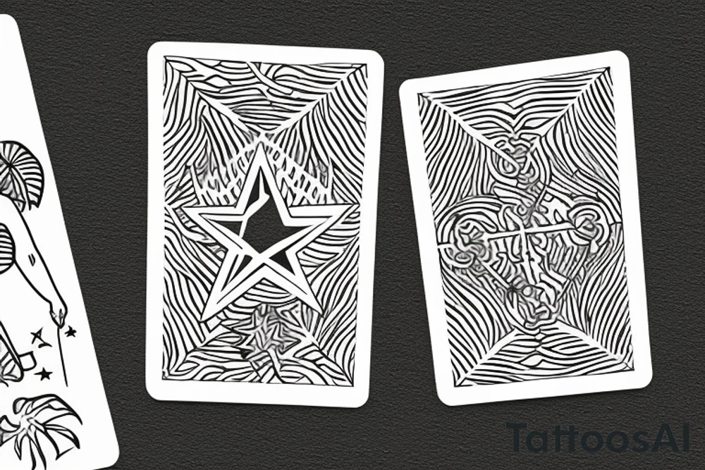 The star tarot card with water line along the edge and a starry background. Monstera deliciosa leaves in the bottom half of the card. XVII in the border. tattoo idea