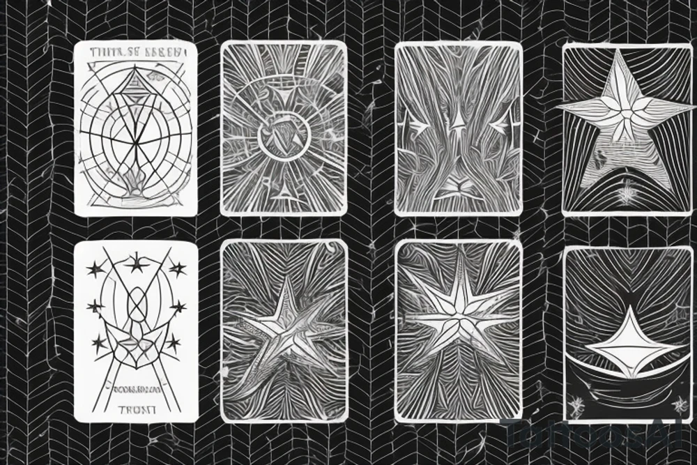 The star tarot card with water line along the edge and a starry background. Monstera deliciosa leaves in the bottom half of the card. XVII in the border. tattoo idea