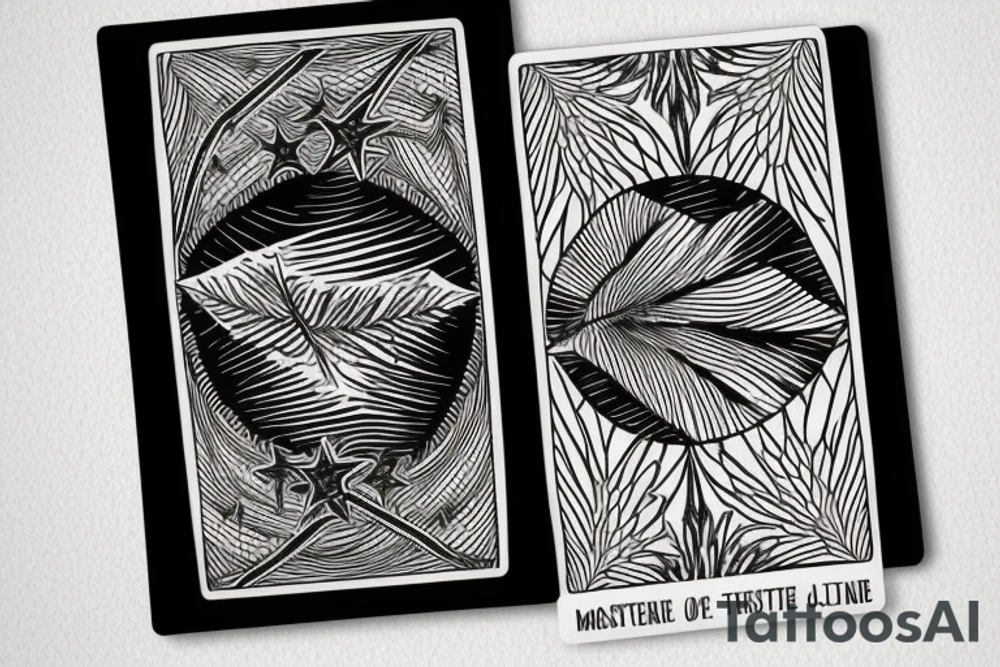 The star tarot card with water line along the edge and a starry background. Monstera deliciosa leaves in the bottom half of the card. XVII in the border. tattoo idea