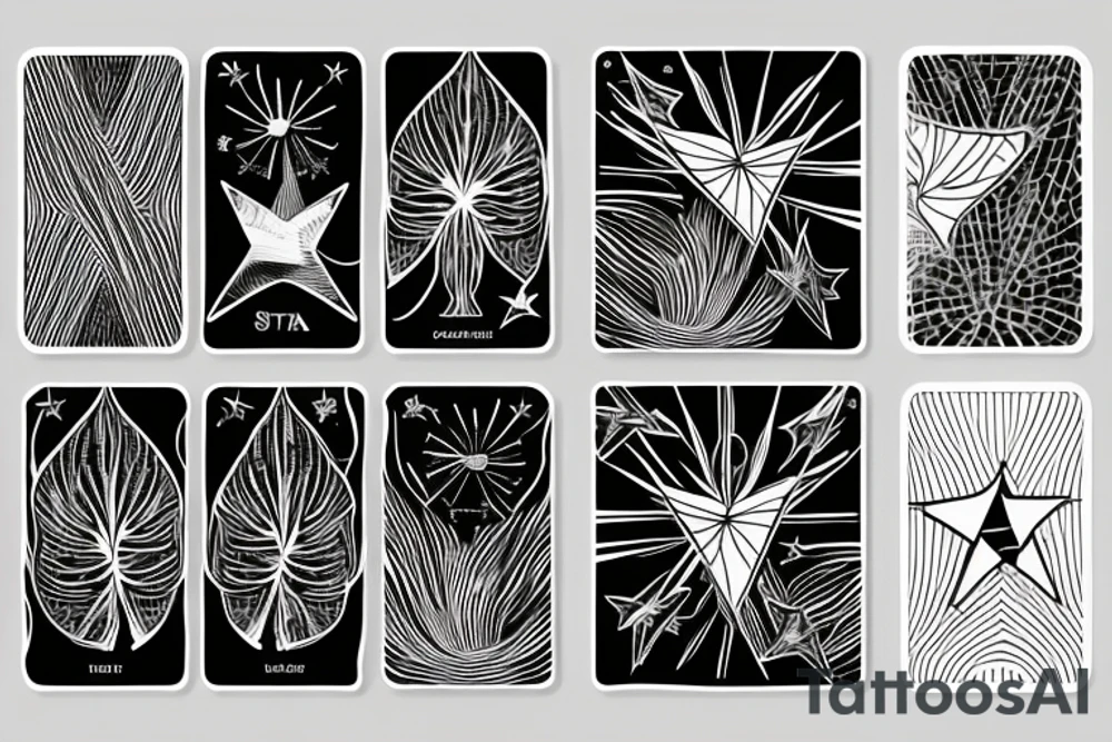 The star tarot card with water line along the edge and a starry background. Monstera deliciosa leaves in the bottom half of the card. XVII in the border. tattoo idea