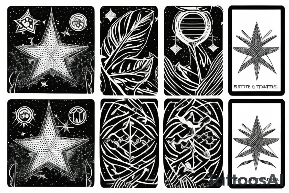 The star tarot card with water line along the edge and a starry background. Monstera deliciosa leaves in the bottom half of the card. XVII in the border. tattoo idea