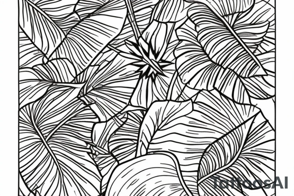 The star tarot card with water line along the edge and a starry background. Monstera deliciosa leaves in the bottom half of the card. XVII in the border. tattoo idea