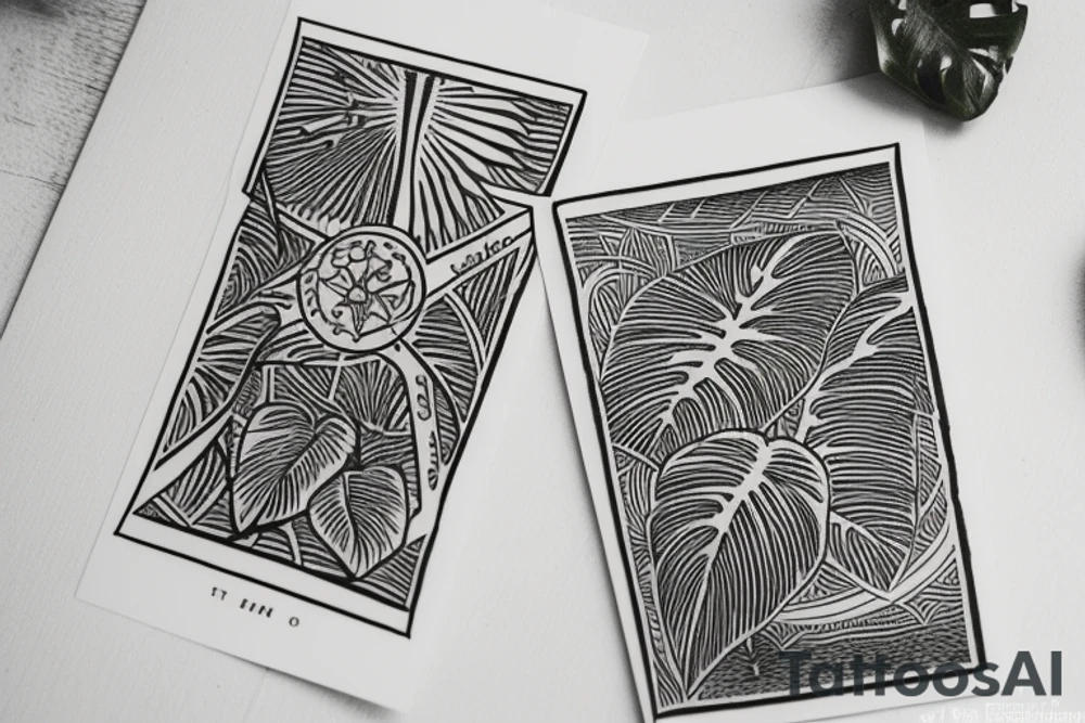The star tarot card with water line along the edge and a starry background. Monstera deliciosa leaves in the bottom half of the card. XVII in the border. tattoo idea