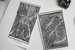 The star tarot card with water line along the edge and a starry background. Monstera deliciosa leaves in the bottom half of the card. XVII in the border. tattoo idea