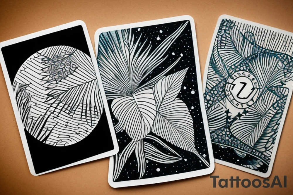 The star tarot card with water line along the edge and a starry background. Monstera deliciosa leaves in the bottom half of the card. XVII in the border. tattoo idea