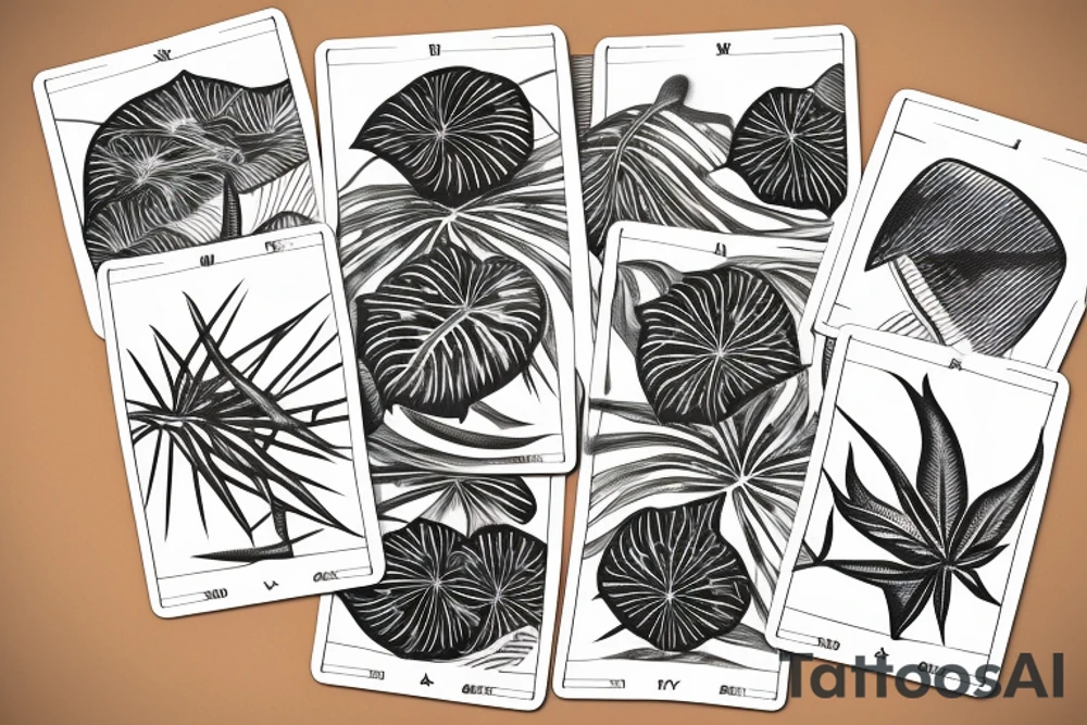 The star tarot card with water from a river along the edge and a starry background. Monstera deliciosa leaves in the bottom half of the card. XVII in the border. tattoo idea