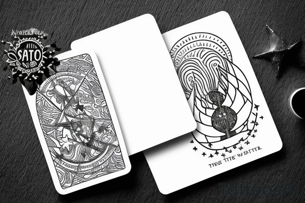 The star tarot card with water from a river along the edge and a starry background. Monstera deliciosa leaves in the bottom half of the card. XVII in the border. tattoo idea