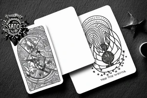 The star tarot card with water from a river along the edge and a starry background. Monstera deliciosa leaves in the bottom half of the card. XVII in the border. tattoo idea