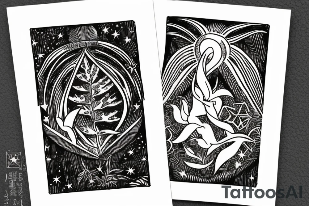 The star tarot card with water from a river along the edge and a starry background. Monstera deliciosa leaves in the bottom half of the card. XVII in the border. tattoo idea