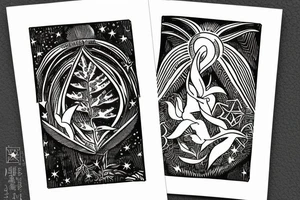 The star tarot card with water from a river along the edge and a starry background. Monstera deliciosa leaves in the bottom half of the card. XVII in the border. tattoo idea