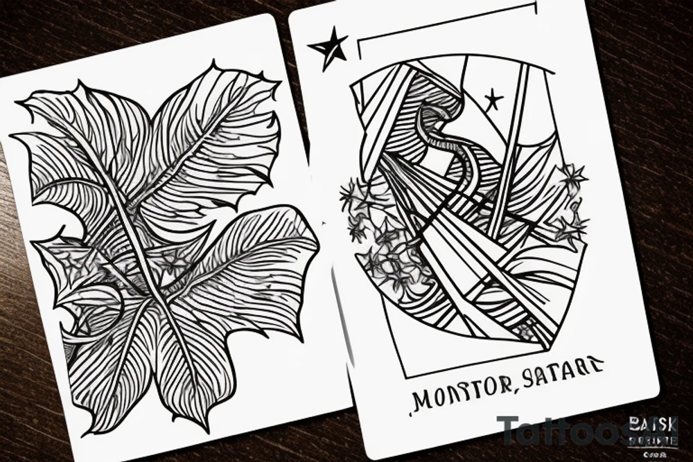 The star tarot card with water from a river along the edge and a starry background. Monstera deliciosa leaves in the bottom half of the card. XVII in the border. tattoo idea