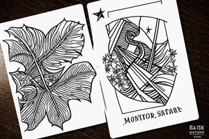 The star tarot card with water from a river along the edge and a starry background. Monstera deliciosa leaves in the bottom half of the card. XVII in the border. tattoo idea