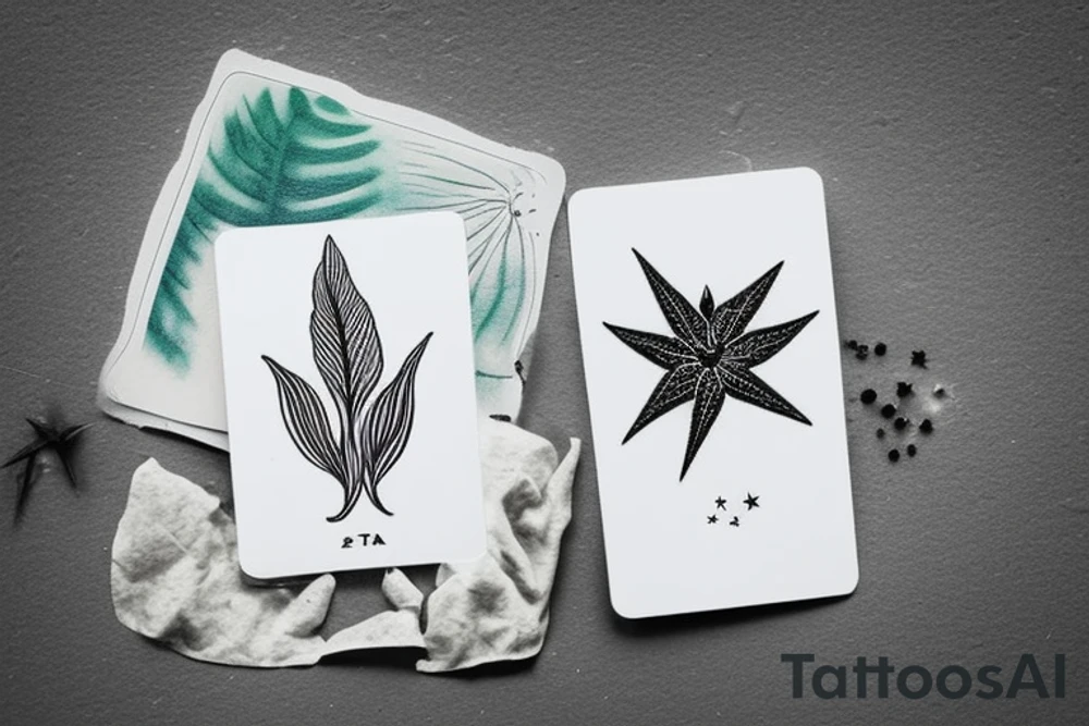 The star tarot card with water from a river along the edge and a starry background. Monstera deliciosa leaves in the bottom half of the card. XVII in the border. tattoo idea