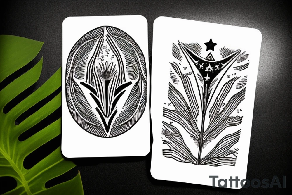 The star tarot card with water from a river along the edge and a starry background. Monstera deliciosa leaves in the bottom half of the card. XVII in the border. tattoo idea