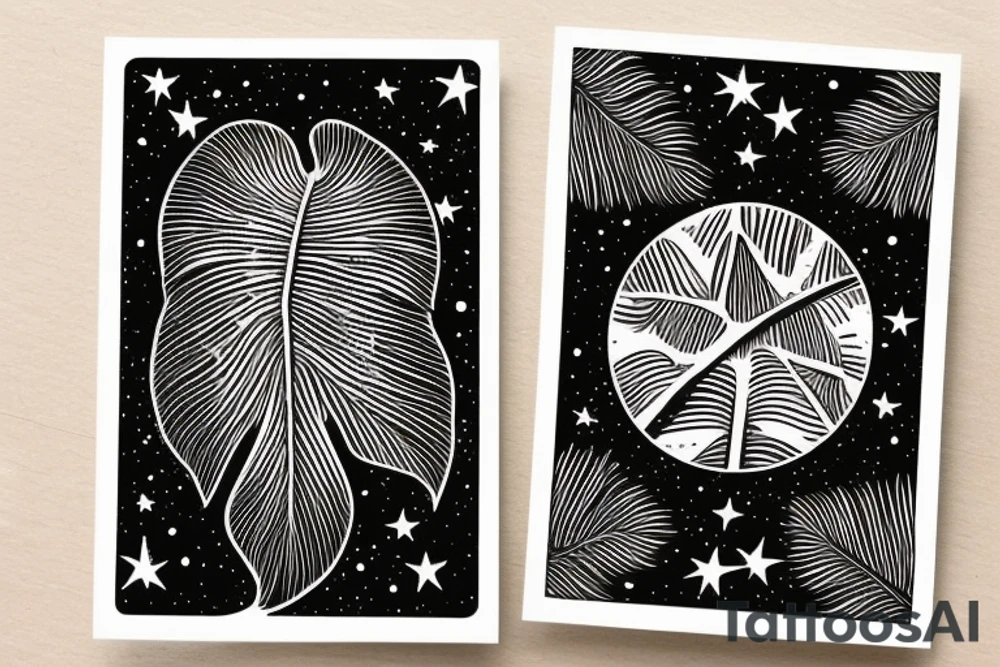 The star tarot card with water from a river along the edge and a starry background. Monstera deliciosa leaves in the bottom half of the card. XVII in the border. tattoo idea