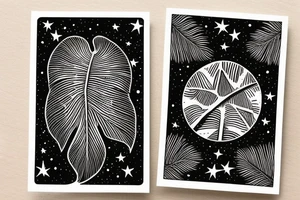The star tarot card with water from a river along the edge and a starry background. Monstera deliciosa leaves in the bottom half of the card. XVII in the border. tattoo idea