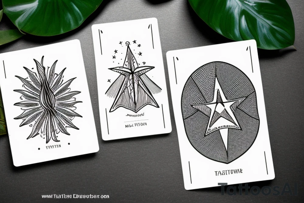 The star tarot card with water from a river along the edge and a starry background. Monstera deliciosa leaves in the bottom half of the card. XVII in the border. tattoo idea