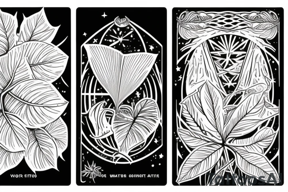 The star tarot card with water from a river along the edge and a starry background. Monstera deliciosa leaves in the bottom half of the card. XVII in the border. tattoo idea