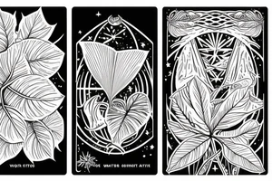 The star tarot card with water from a river along the edge and a starry background. Monstera deliciosa leaves in the bottom half of the card. XVII in the border. tattoo idea